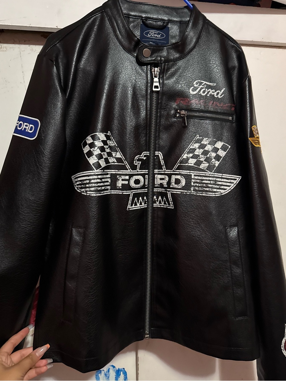Ford Black Faux Leather Bomber Jacket with Racing Graphics
